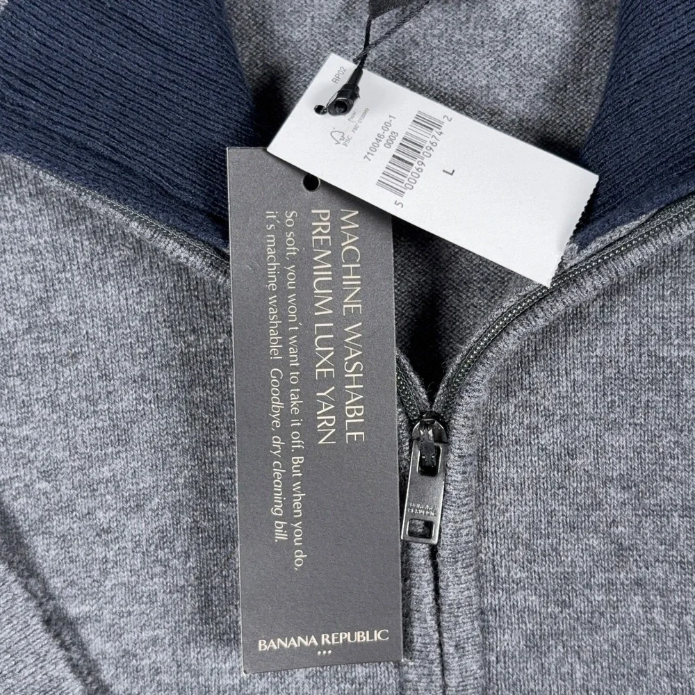Banana Republic Premium Luxe 1/4 Zip Sweater Mens L Gray Cotton Silk Cashmere